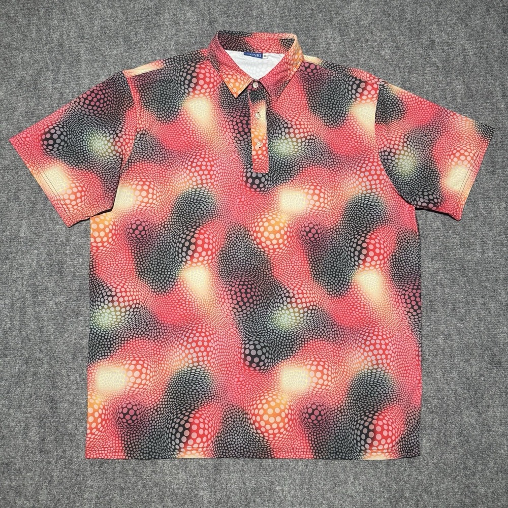 Hreski Polo Shirt Men XL Orange Geometric Dot Psychedelic Performance Golf